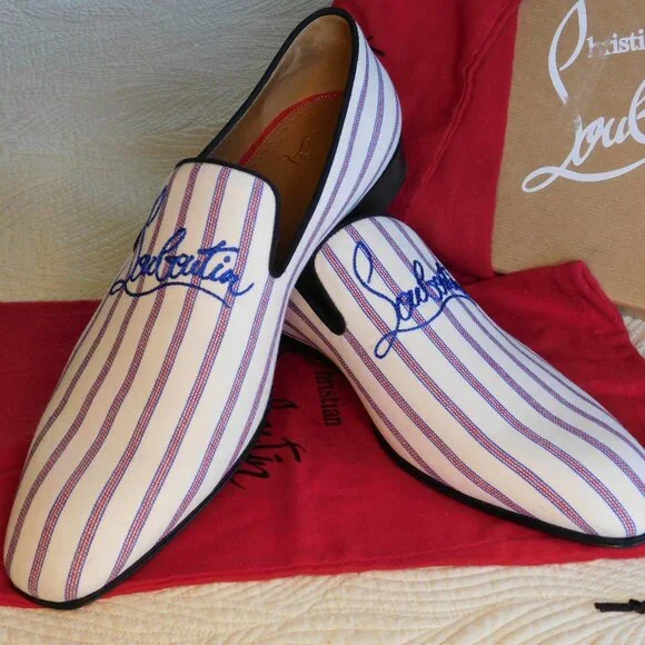 NIB Louboutin Dandelion slip on embroidered loafer Pic Nic stripe toile flat 43 - Picture 3 of 16